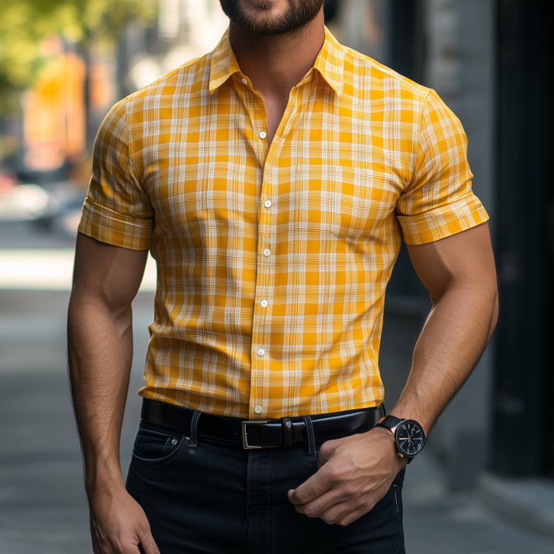 Men's Casual Breathable Cotton Plaid Lapel Slim Fit Short Sleeve Shirt MTA1160F5M