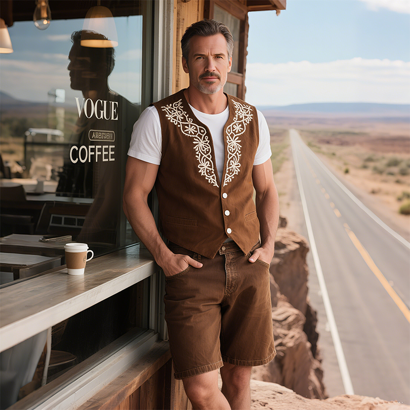Men's Spring And Summer American Retro Western Style Thin Suede Embroidered Vest MTA1767F6K