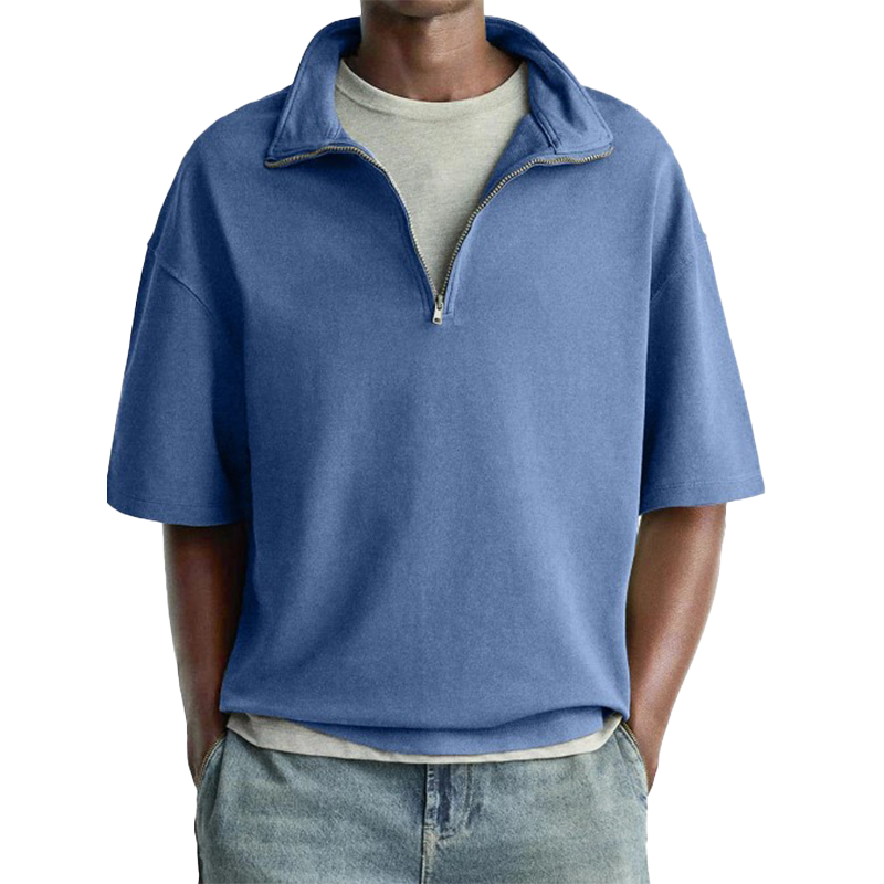 Men's Simple Zipper Cotton And Linen Short-Sleeved Polo Shirt MTA3049G1P