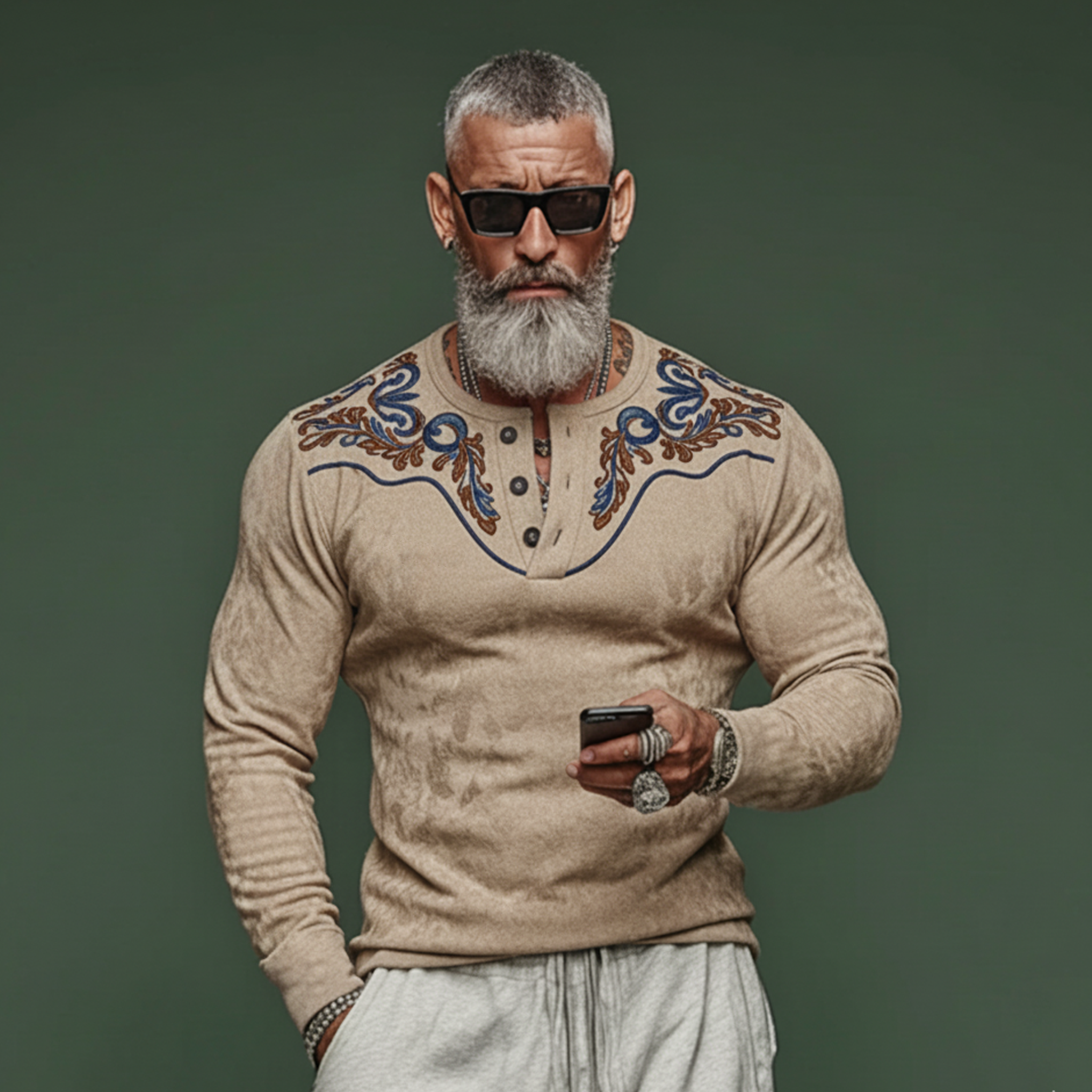 Men's Casual Western Rugged Style Henley Collar Embroidered Faux Suede Long-Sleeve T-Shirt MTA2770K2K