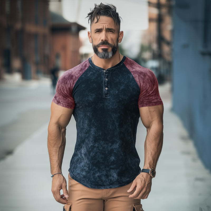 Men's Casual Distressed Colorblock Print Henley Collar Slim Fit Short Sleeve T-shirt MTA0329G9M