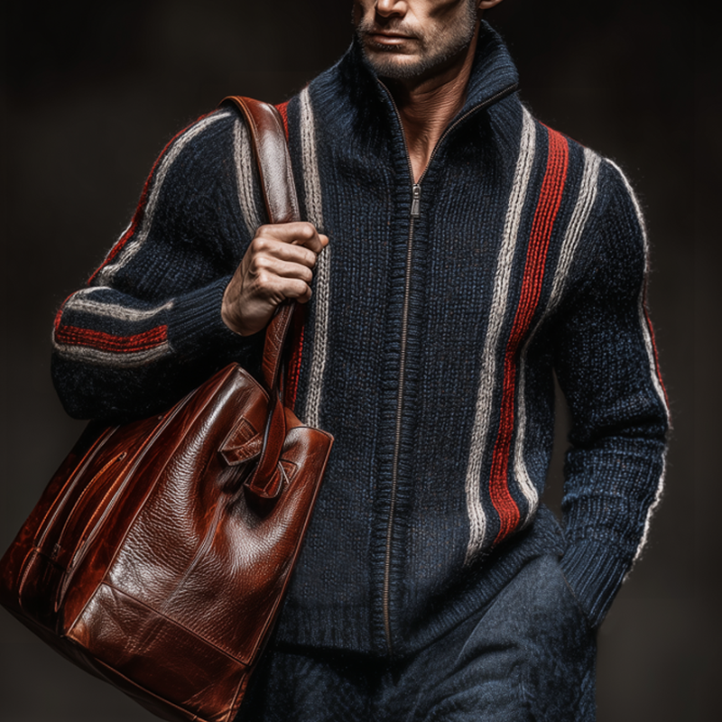 Men's Classic Colorblock Striped Stand Collar Zippered Knit Cardigan MTA2224J8U