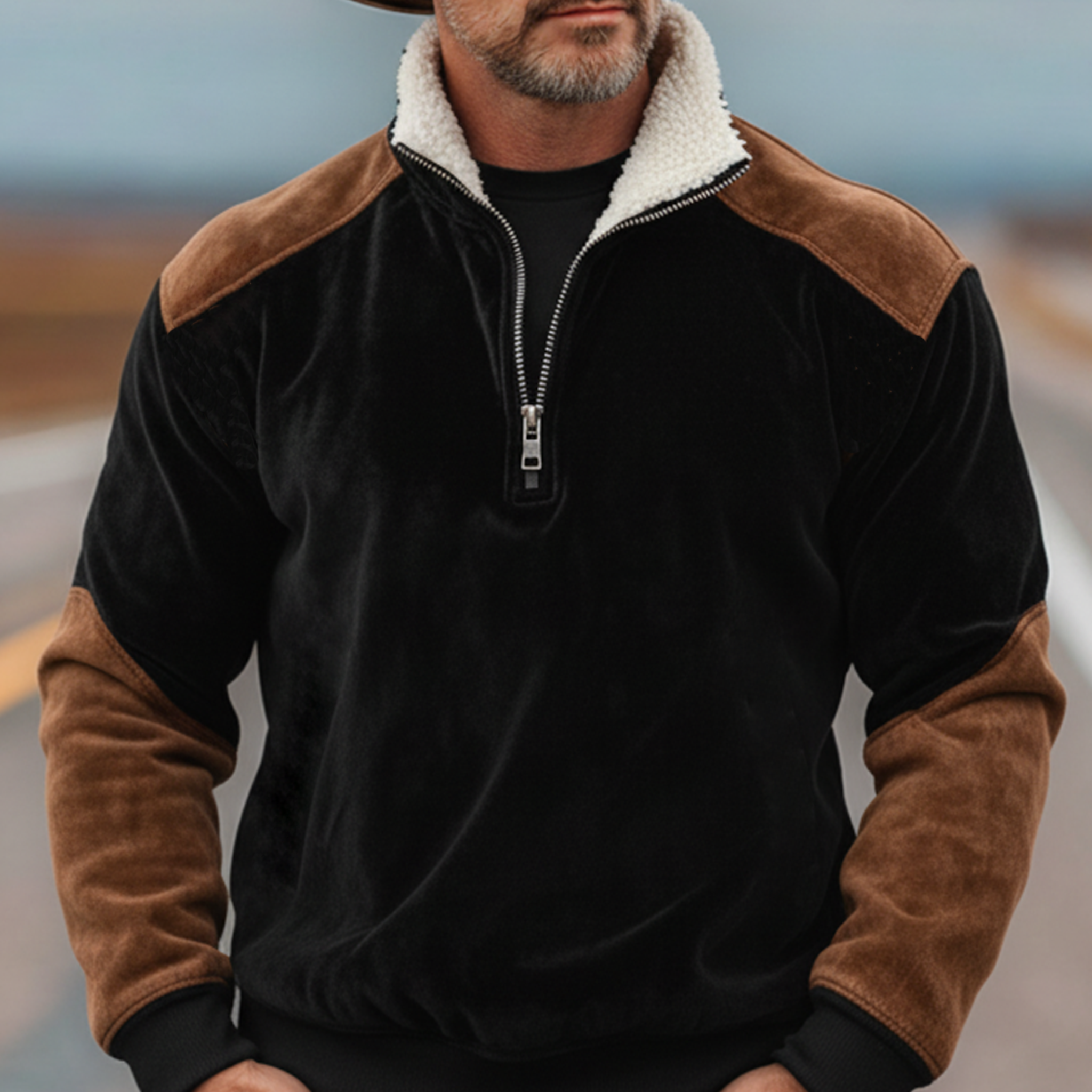 Men's Classic Vintage Western-style Stand-collar Faux Velvet Sweatshirt MTA0836L3K