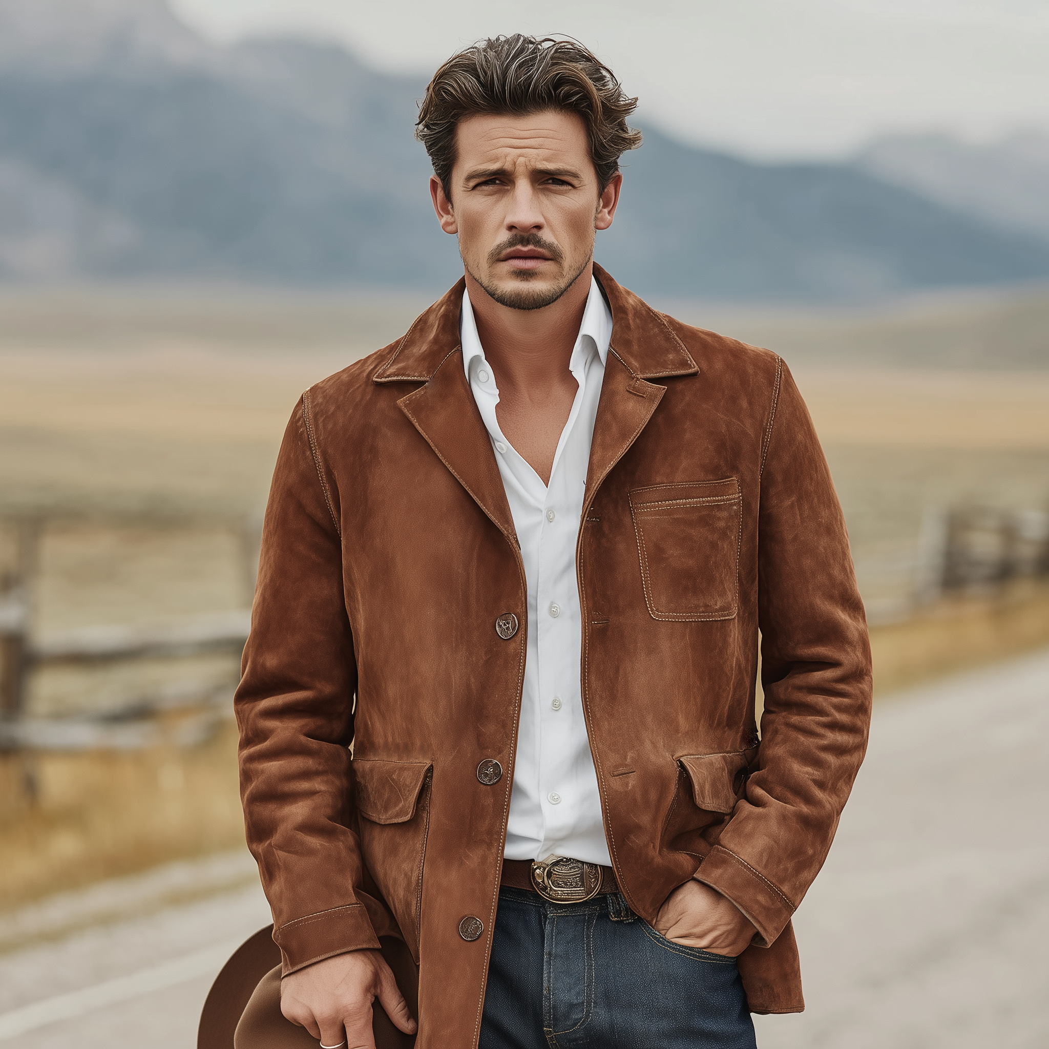 Men's Classic Retro Western Style Lapel Single-breasted Faux Suede Jacket MTA2431K8K