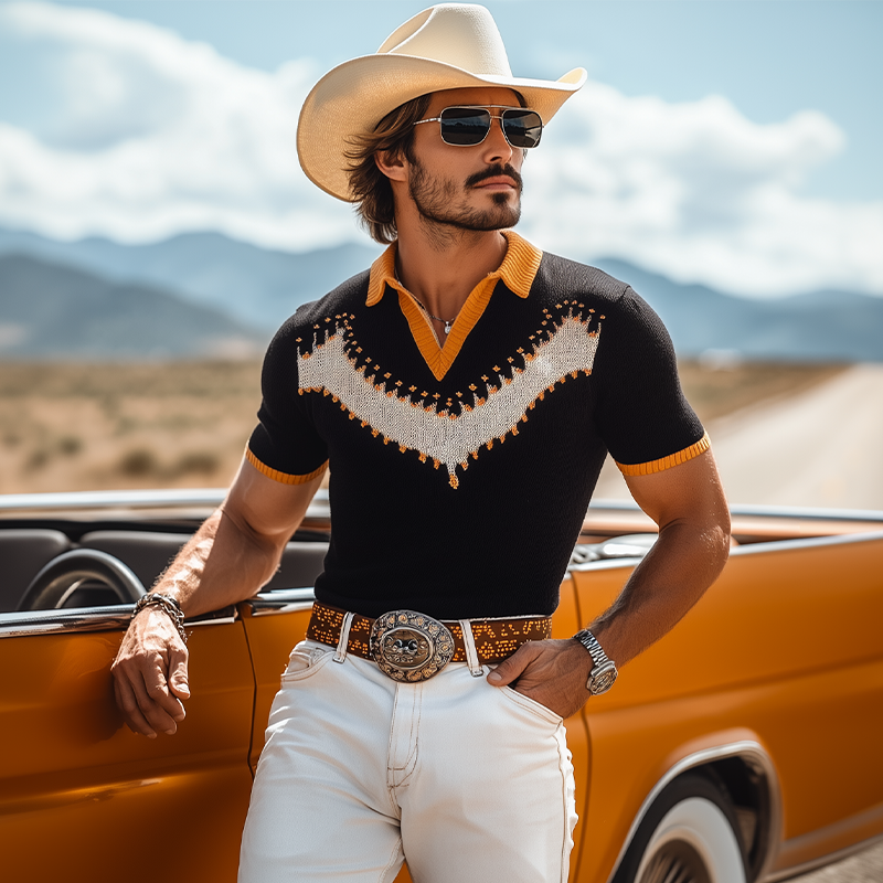 Men's Spring And Summer Fashion Casual Western Cowboy Style Thin Knitted Short-sleeved Polo Shirt MTA1550E1K