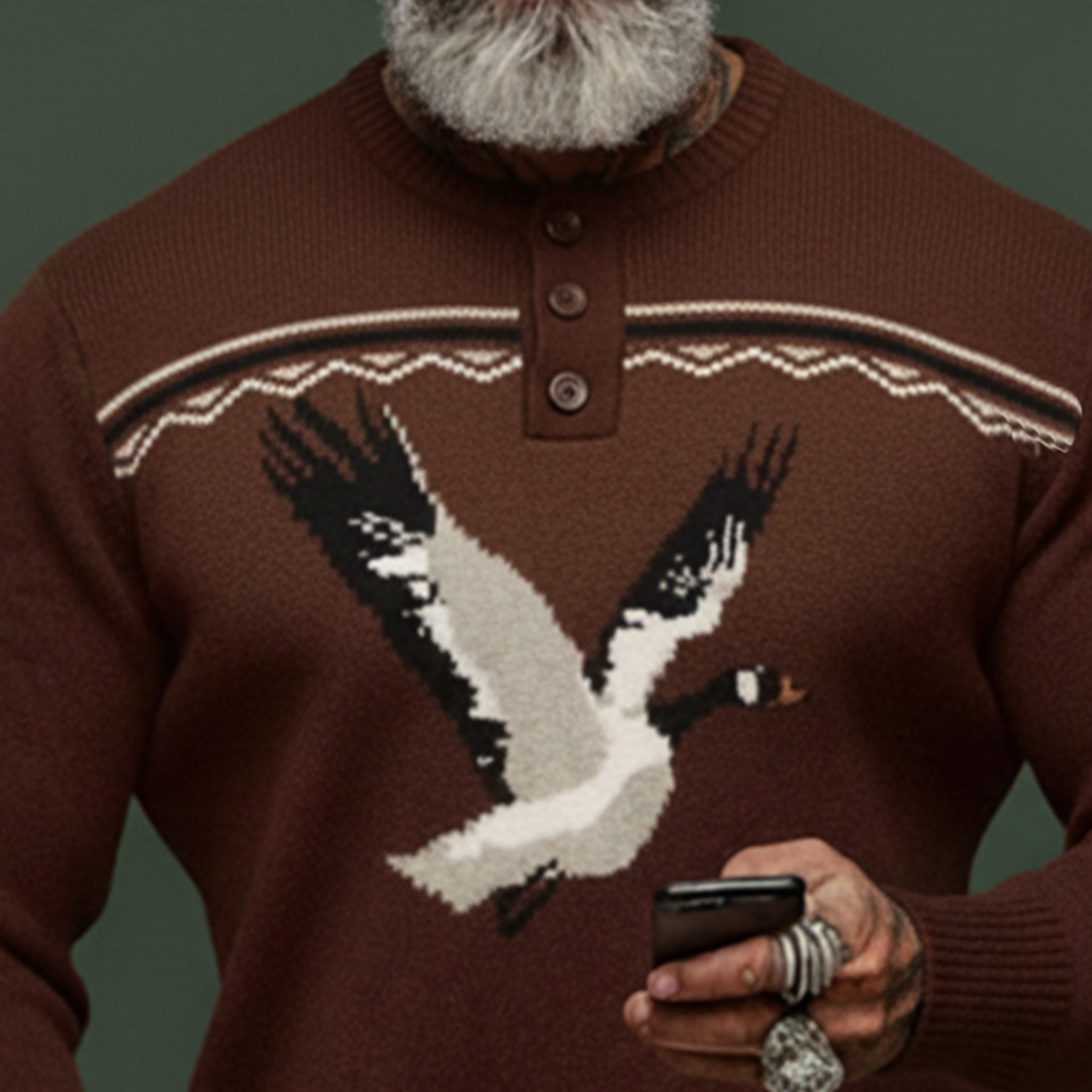 Men's Classic Old-money Style Henley Collar White Eagle Jacquard Sweater MTA0688K5K