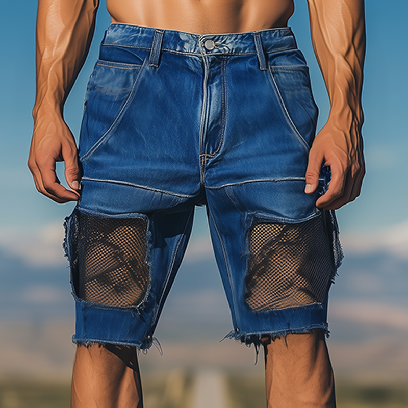 Men's Spring And Summer Fashion Casual Denim Washed Splicing Mesh Shorts MTA2733F4K