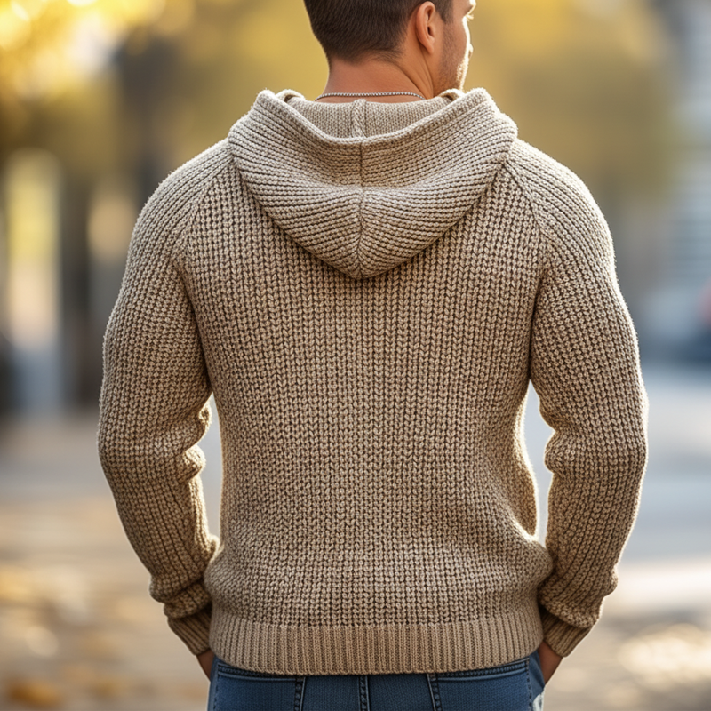 Men's Classic Oatmeal Color Chunky Knit Slim Fit Hoodie