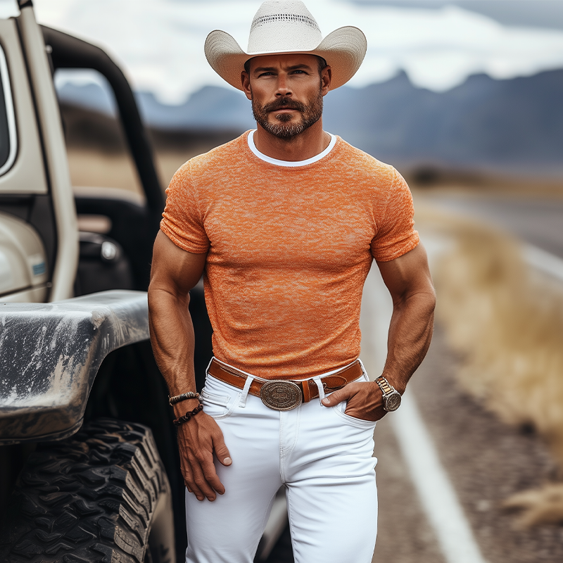 Men's Spring And Summer Fashion Casual Western Style Knitted Burnt Fabric Slim Short-sleeved T-shirt MTA1405E2K