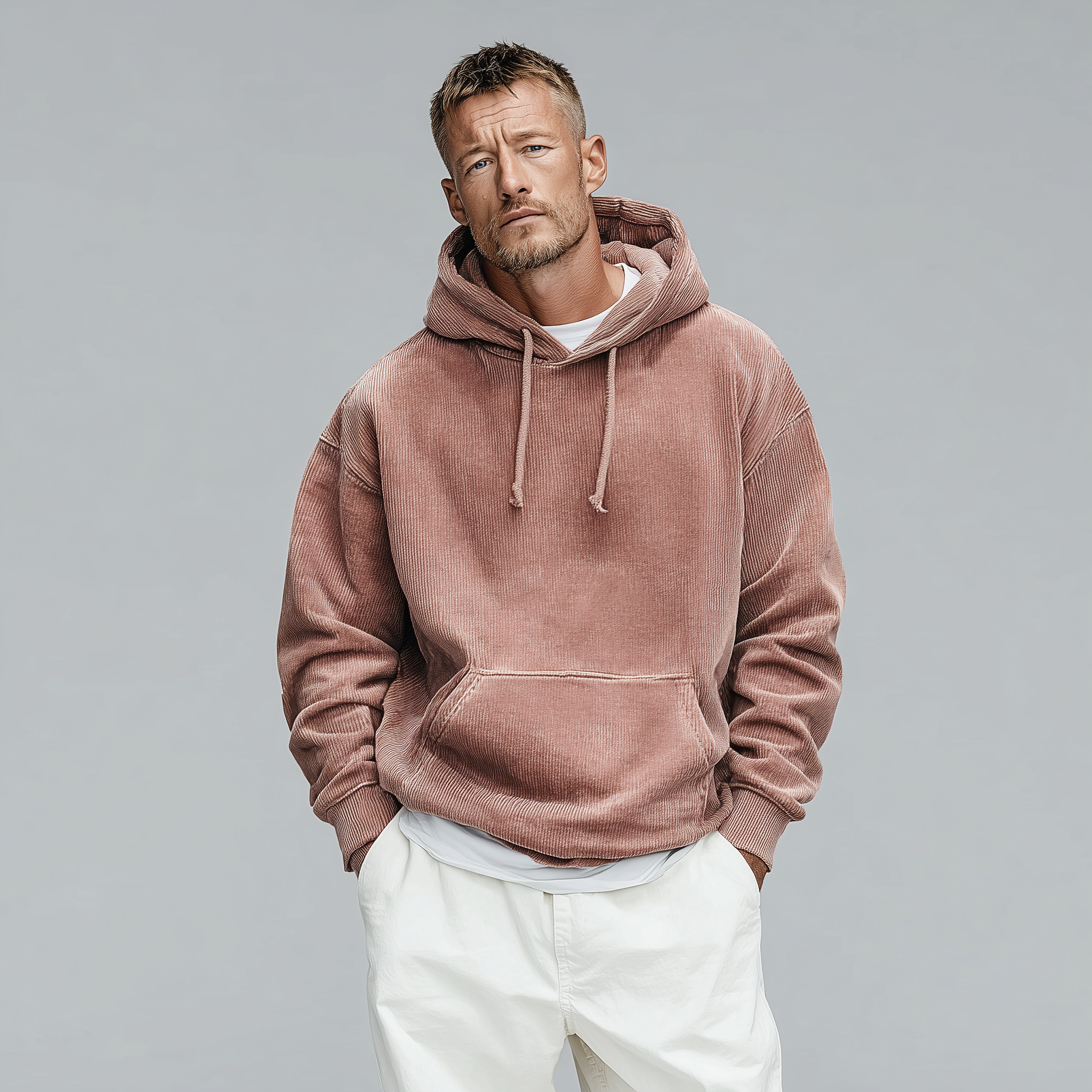 Men's Classic Casual Pink Corduroy Hoodie MTA1389J6K