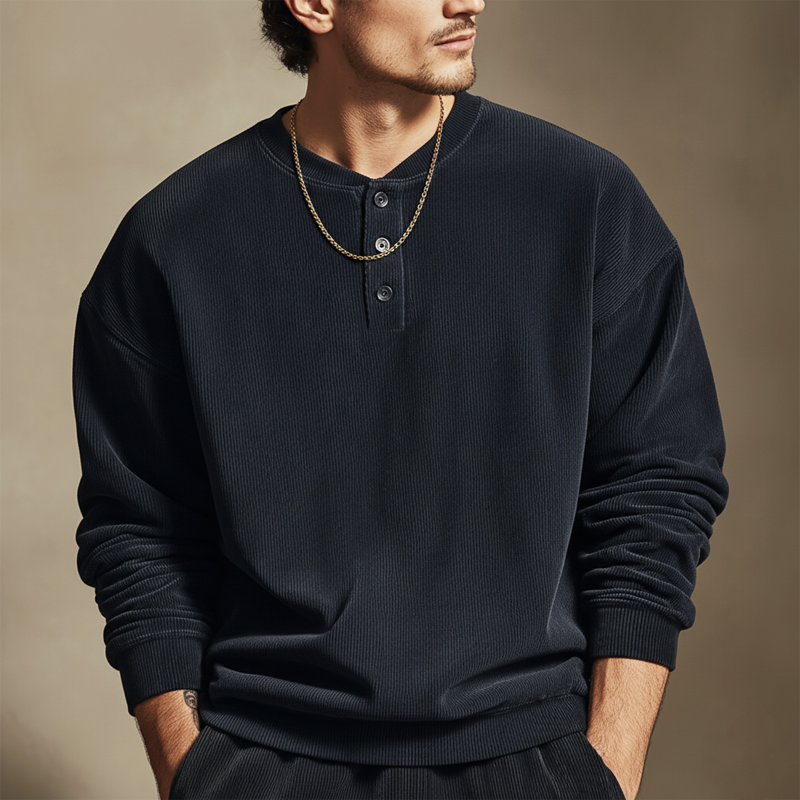 Men's Minimalist Modern Three-button Henley Collar Corduroy Sweatshirt MTA1035L1U