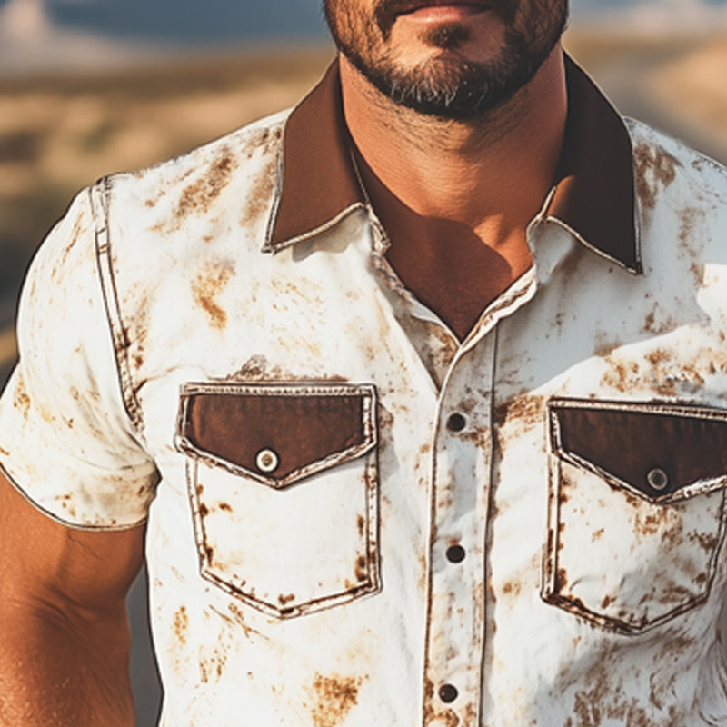 Men's Summer Western Cowboy Style Colorblock Print Short Sleeve Shirt MTA1617E4U