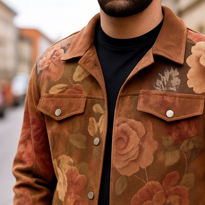 Men's Vintage Casual Floral Print Suede Lapel Jacket MTA0843H1TO