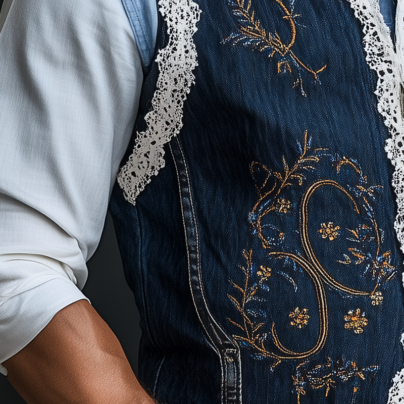 Men's Summer Fashion Embroidered Lace Decorated Washed Denim Vest MTA2392F4P