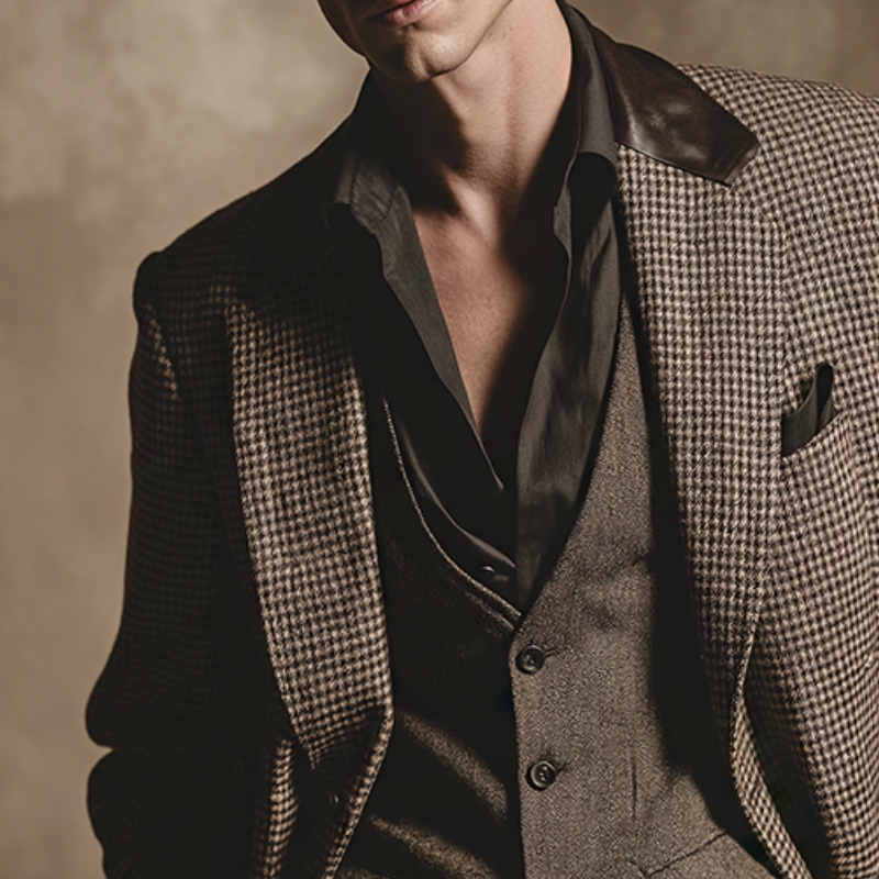 Men's Retro Casual Plaid PU Patchwork Blazer MTA2455K3TO