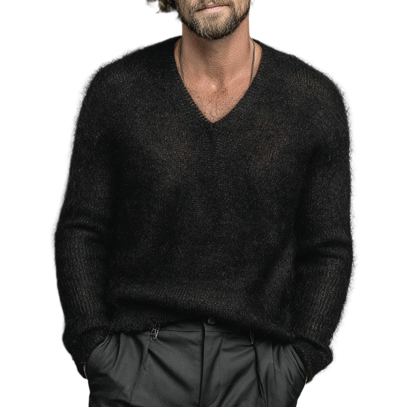 Men's Knitted Faux Fur V-neck Pullover Sweater MTA2972K7X