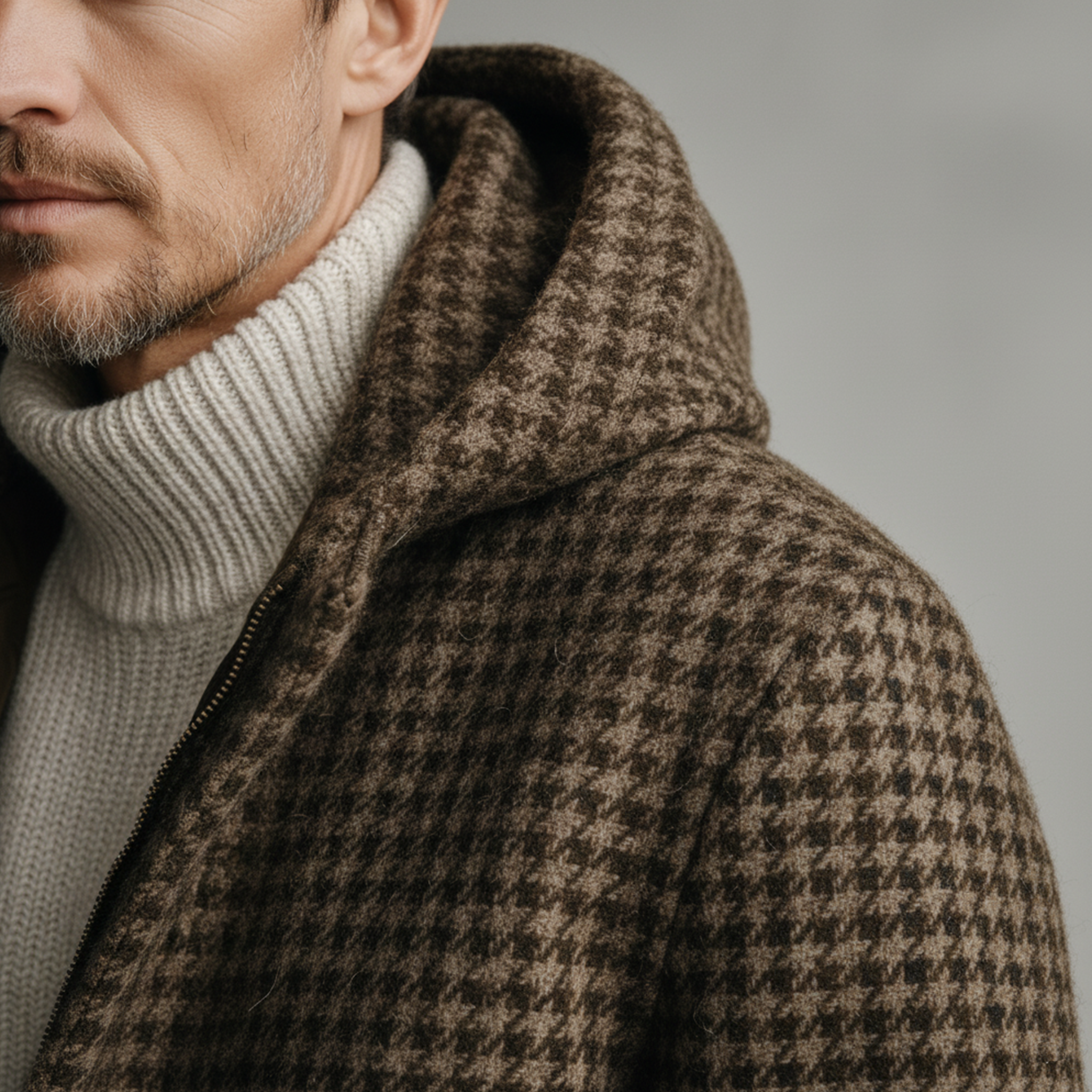 Men's Classic Light Business Hooded Zipper Faux Houndstooth Wool Jacket MTA1758J7K