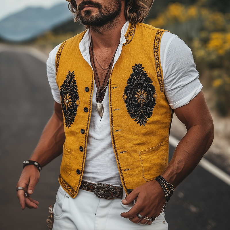Men's Spring And Summer Casual American Retro Western Style Cotton And Linen Embroidered Vest MTA1643F1K