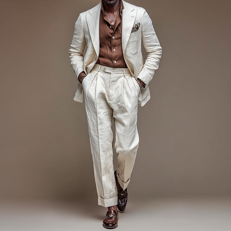 Men's Retro Casual Cotton Linen Blazer Two-Piece Set MTZ0419B0TO