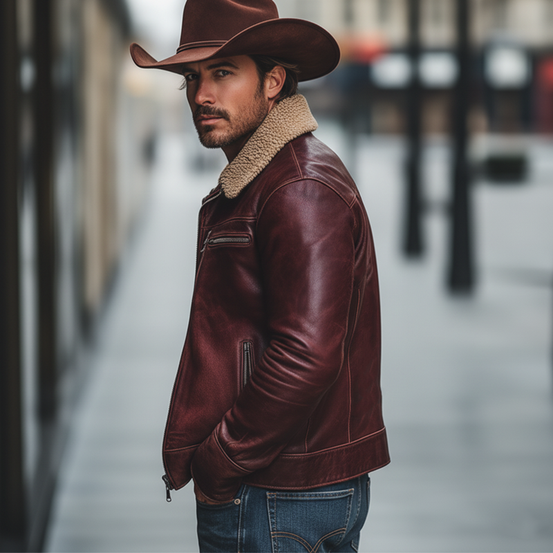 Men's Classic Burgundy Patchwork Lambswool Collar Zipper PU Leather Jacket MTA0593K7U