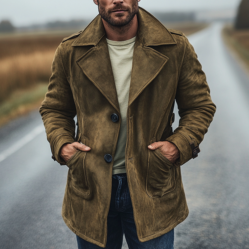 Men's Retro Solid Color Lapel Single-breasted Mid-length Coat MTA2370I7X