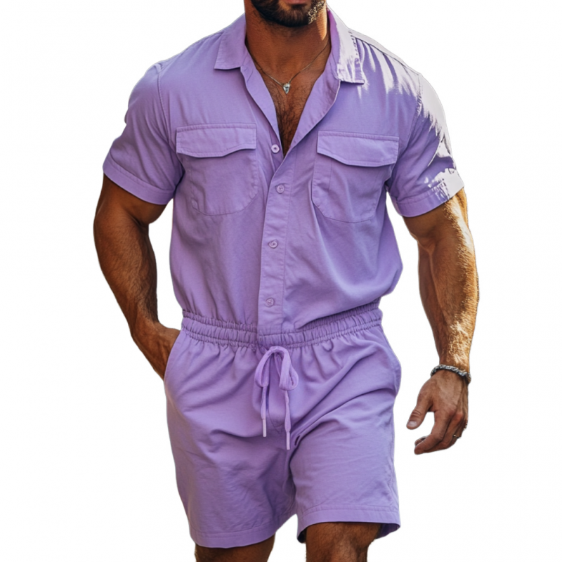 Men's Casual Breathable Cotton Lapel Chest Pocket Short Sleeve Elastic Waist Shorts Jumpsuit MTA1384F2M