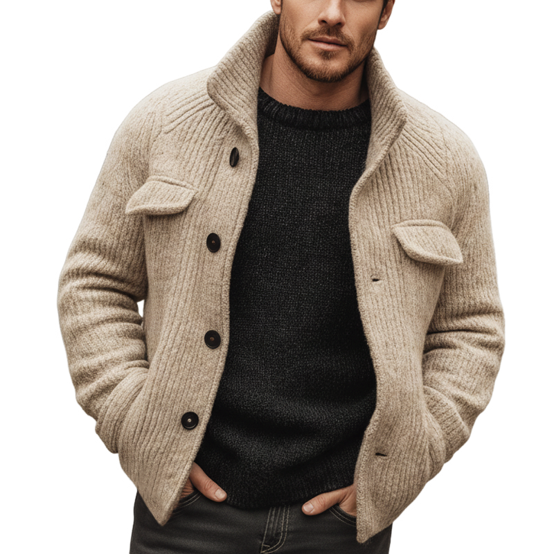 Men's Classic Light Khaki Stand-up Collar Button-down Knit Cardigan MTA3180J4U