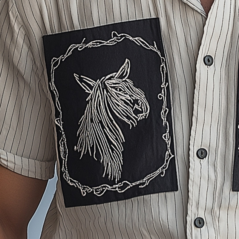 Men's Summer Fashion Plaid Embroidery Patchwork Short Sleeve Shirt MTA2830E9P