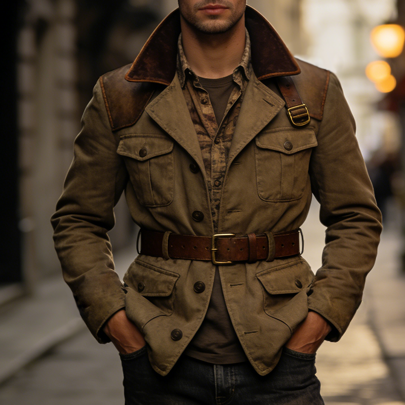 Men's Casual Retro Distressed Cotton PU Button-down Lapel Jacket MTA1589L6TO