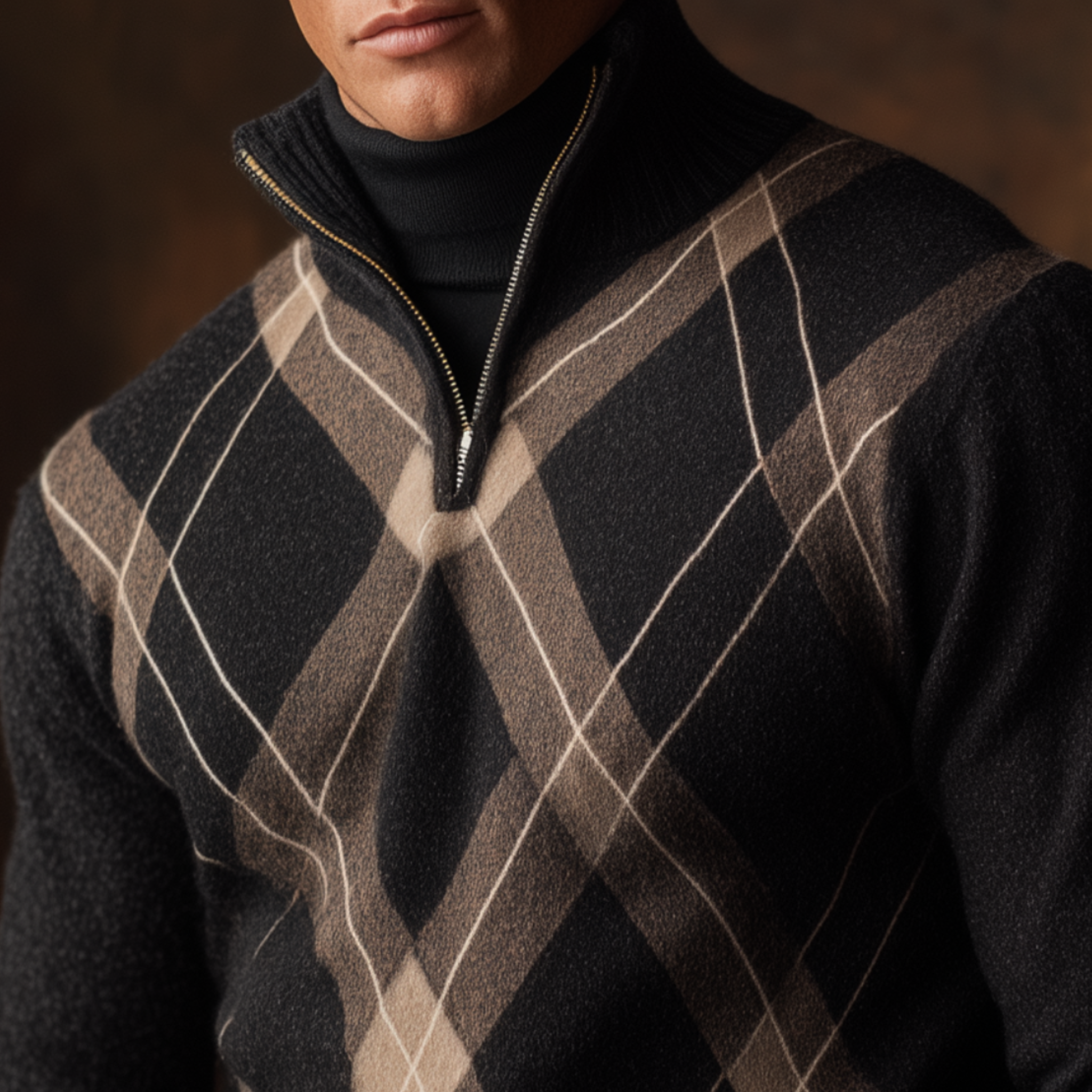 Men's Classic American Retro Stand Collar Zipper Jacquard Sweater MTA0485I5K