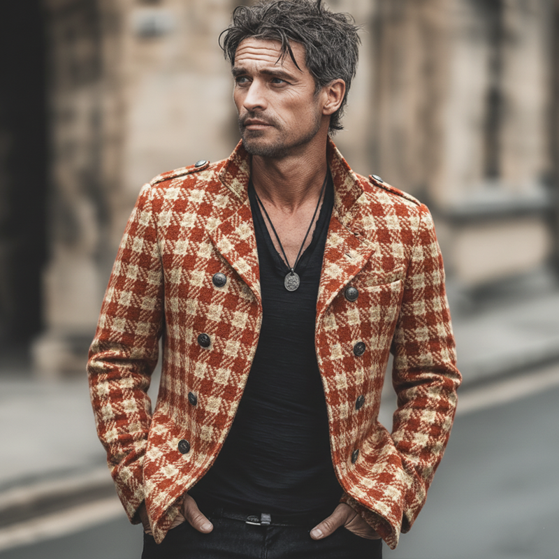 Men's Classic Plaid Double-breasted Notched Lapel Faux Wool Jacket MTA0452L8U