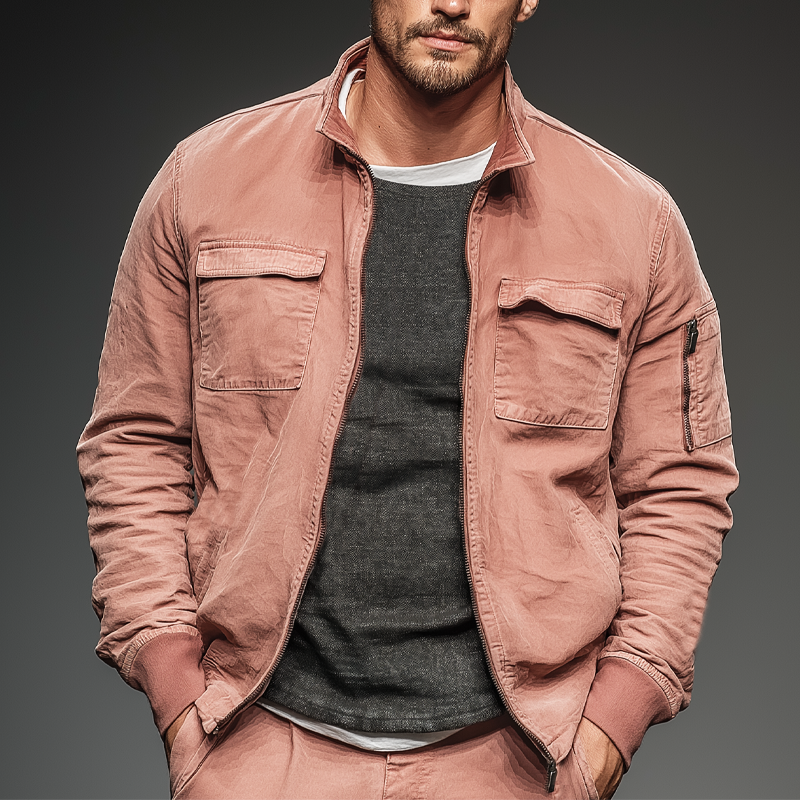 Men's Fashion Pink Washed Cotton Zipper Stand Collar Bomber Jacket MTA2341J8U