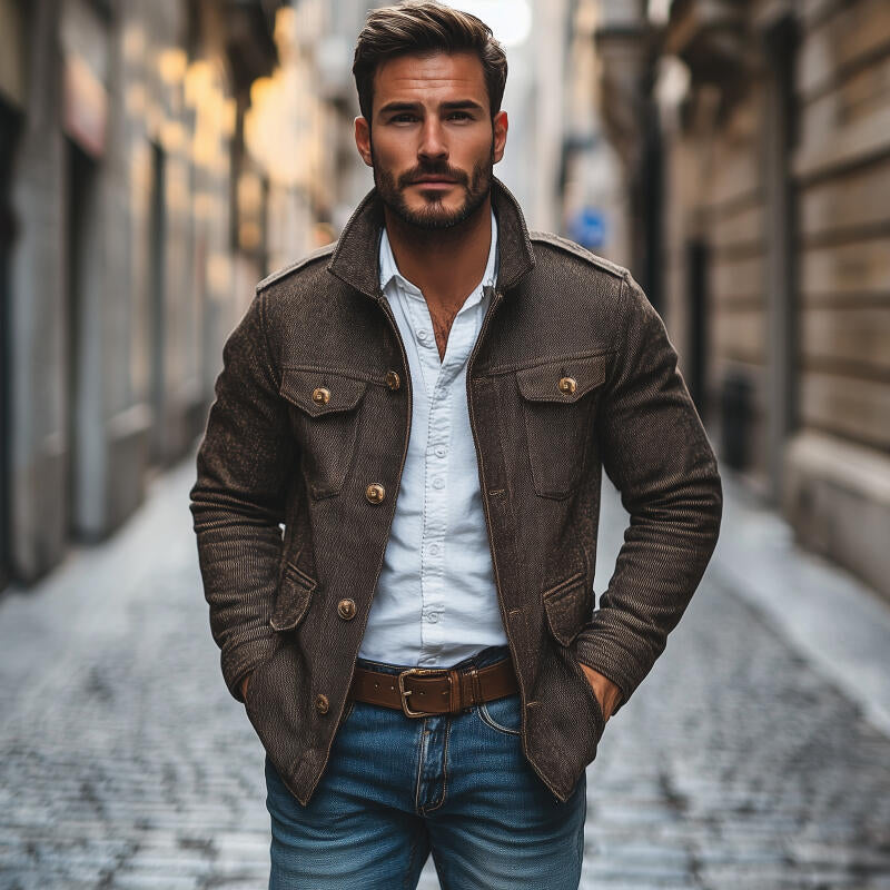 Men's Vintage Cotton Blend Lapel Single-Breasted Multi-Pocket Loose Work Jacket MTA2115H1M
