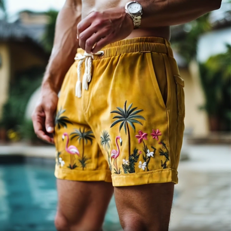 Men's Summer Fashion Hawaiian Style Thin Suede Embroidered Elastic Waist Beach Shorts MTA2362D2K