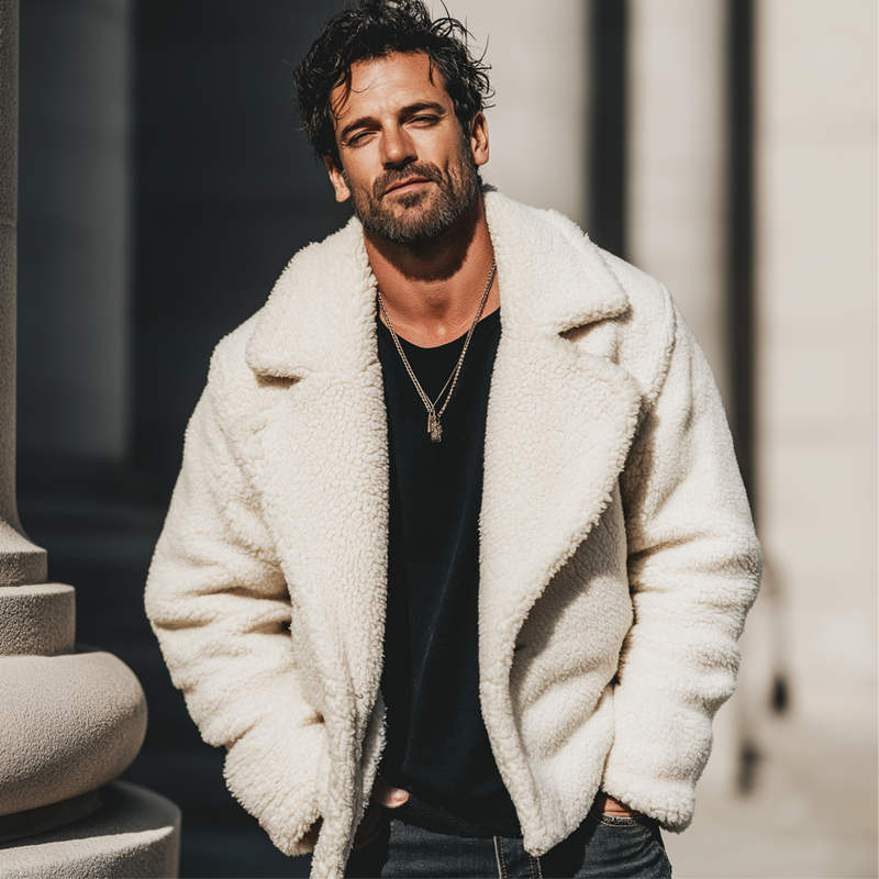 Men's Urban Double-Breasted Notched Lapel Faux Lambswool Jacket MTA1112K2U