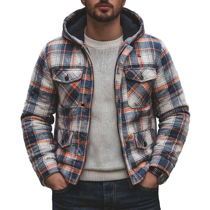 Men's Winter Retro Distressed Plaid Hooded Warm Jacket MTA1062K4P