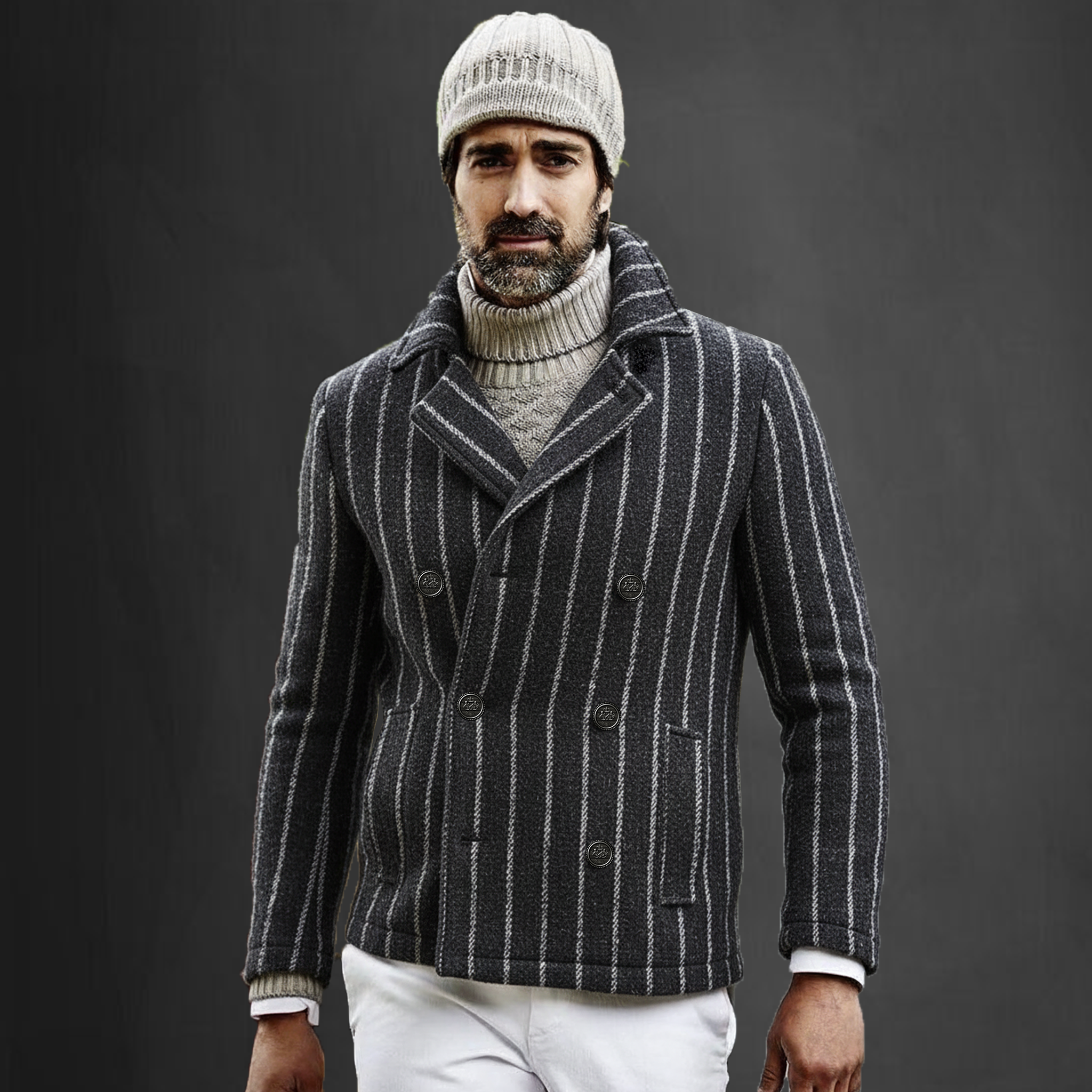 Men's Classic Retro Lapel Vertical Striped Fuax Wool Double-breasted Jacket MTA2419I0K