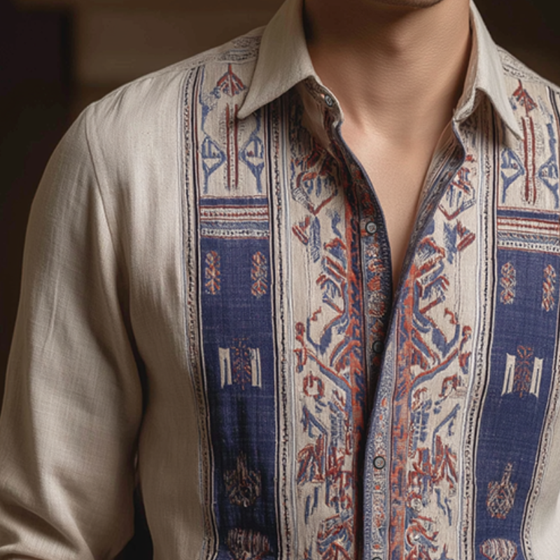 Men's Retro Casual Ethnic Style Geometric Print Lapel Long Sleeve Shirt MTA3170G4TO