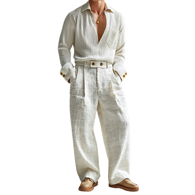 Men's Retro Casual Old Money Style Lapel Long-sleeved Shirt And Pants Two-piece Set MTA2432J3TO
