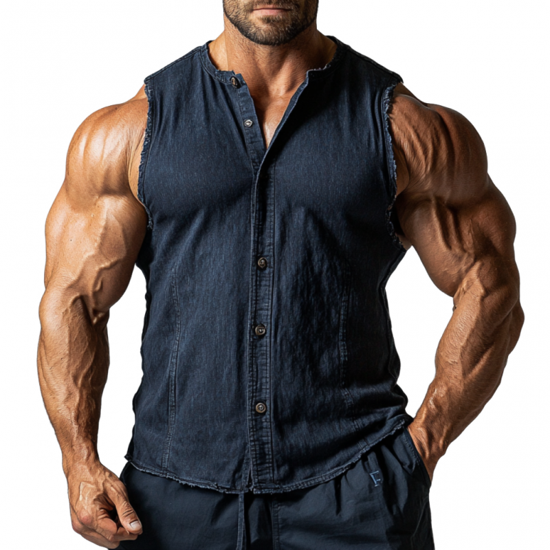 Men's Vintage Washed Distressed Stand Collar Slim Fit Denim Sleeveless Shirt MTA1351E1M