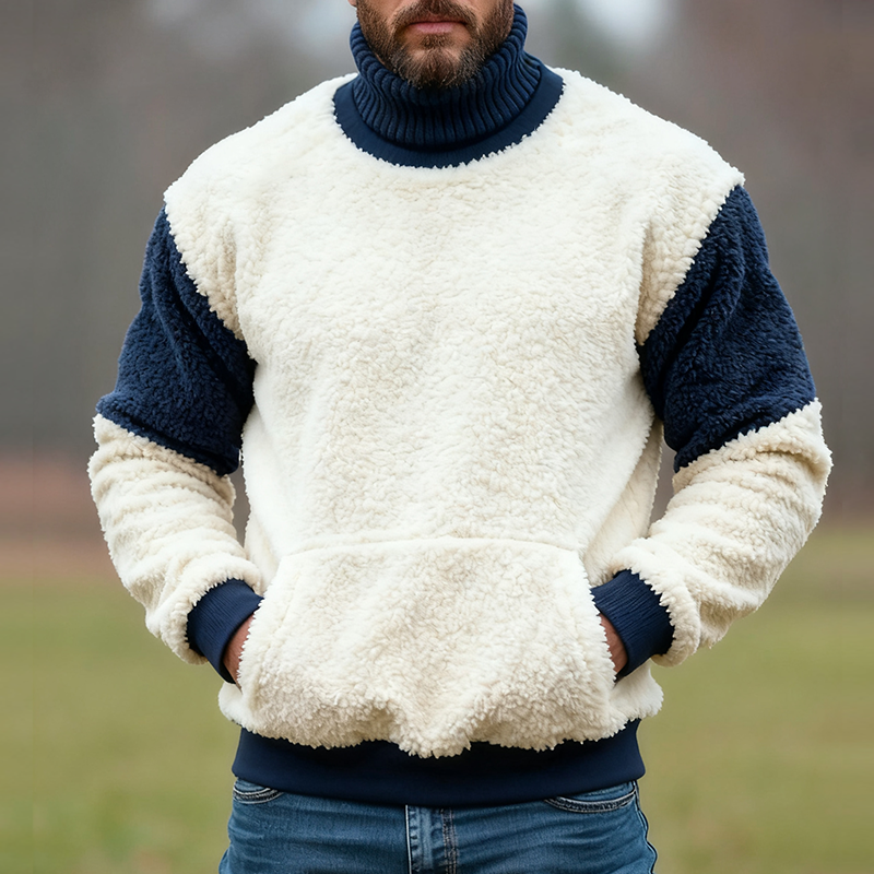 Men's Retro Casual Plush Colorblock Turtleneck Sweatshirt MTA2488J2TO