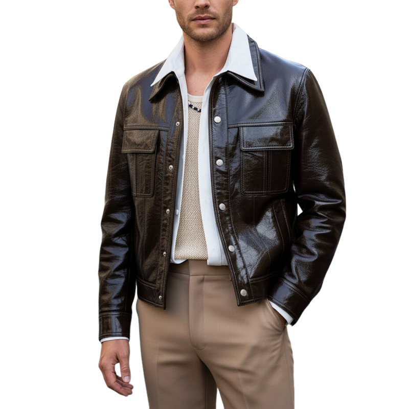 Men's Classic Chocolate Snap Button Shiny PU Leather Jacket MTA1023J5U