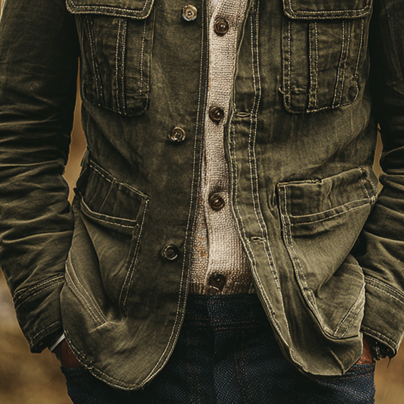 Men's Washed Cotton Lapel Multi-pocket Single Breasted Jacket MTA0470I8Z