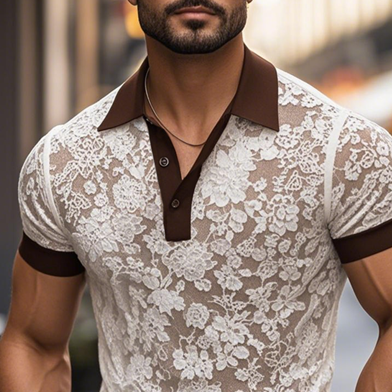 Men's Fashion Lace Colorblock Lapel Short Sleeve Polo Shirt MTA1670E4Z