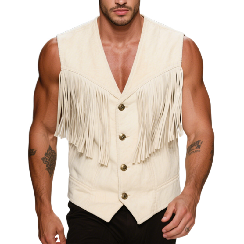 Men's Vintage Casual Cotton Tassel Metal Single Breasted Vest MTA2980E0TO