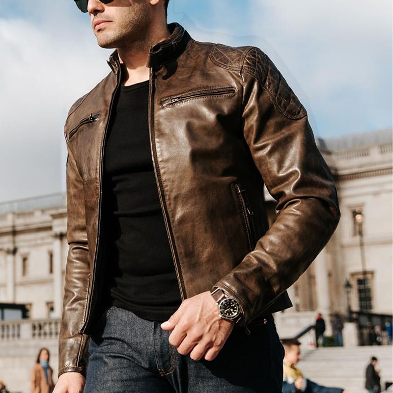 Men's Vintage Brown Stand Collar Shiny PU Leather Jacket MTA1708J2U