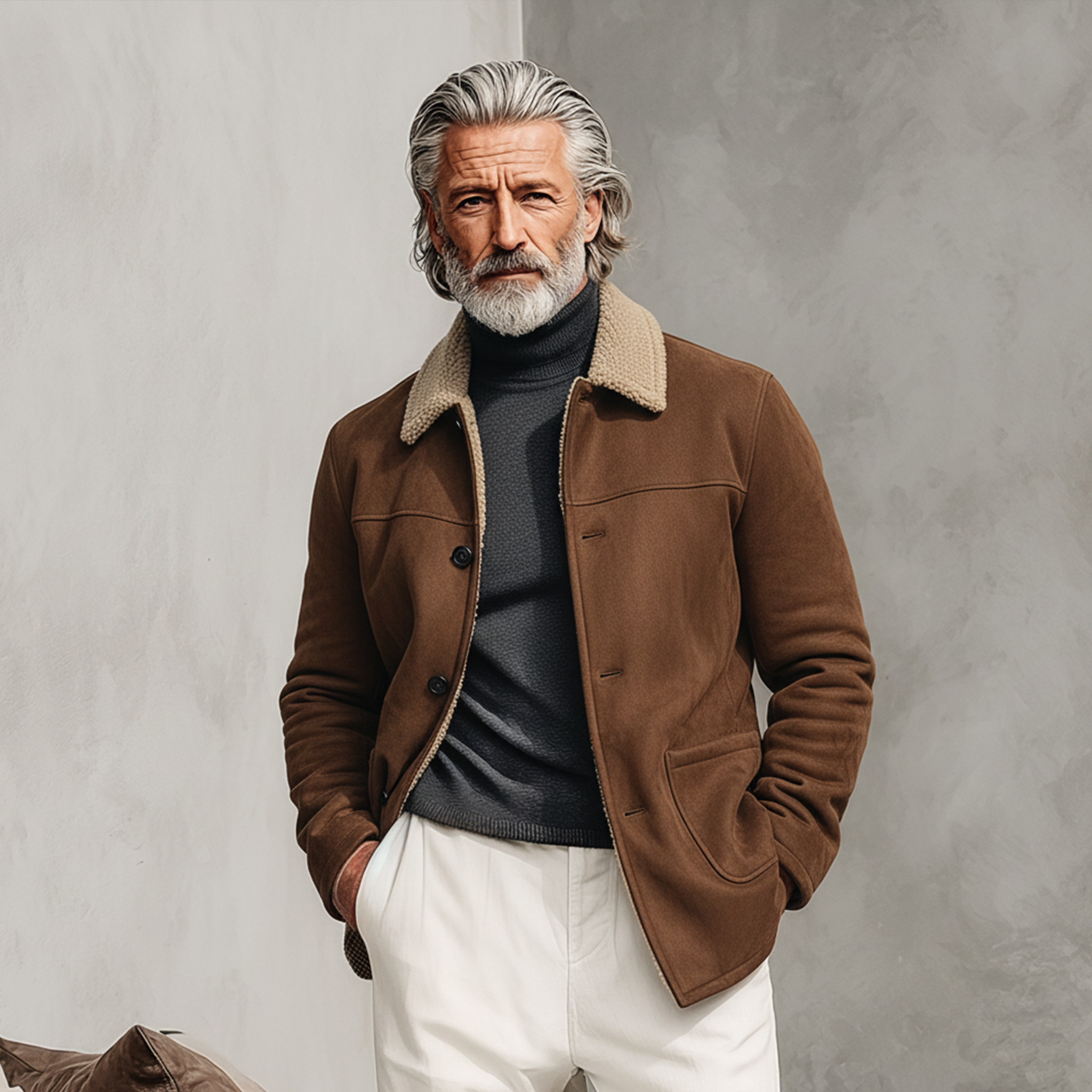 Men's Classic Light Business Fleece Lined And Collar Faux Suede Jacket MTA0344K7K