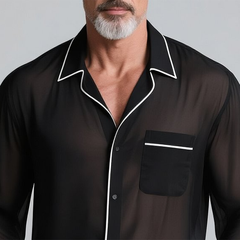 Men's Black Chiffon White Trim Lapel Single-breasted Long-sleeved Shirt MTA0189G2Y