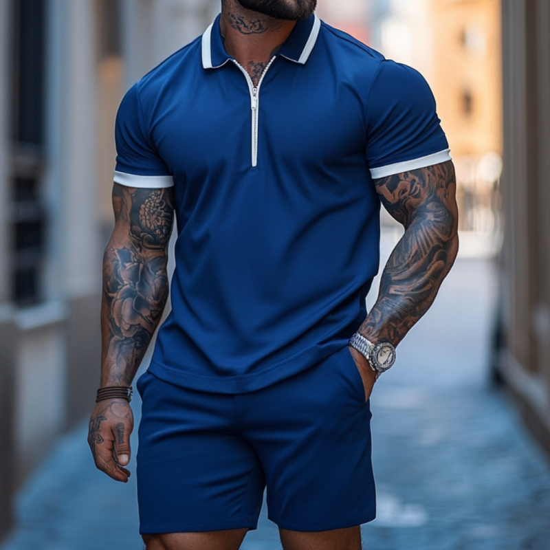 Men's Casual Cotton Blended Colorblock Zipper Lapel Short Sleeve Polo Shirt Elastic Waist Shorts Set MTA2606E7M