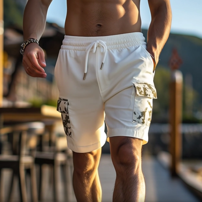 Men's Classic Casual Outdoor Resort Cotton Blended Pocket Stitching Camouflage Elastic Waist Cargo Shorts MTA0454F4K